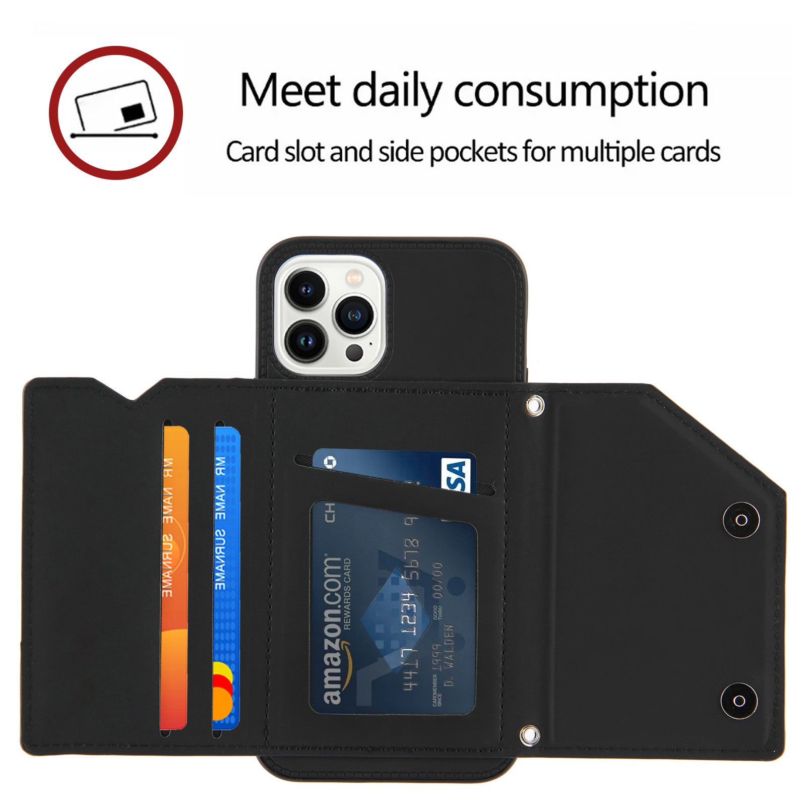 YB Leather Coating Series-2 for iPhone 15 Pro Max Card Holder Phone Case Kickstand Leather Coated TPU Cover with Strap - Black YB Leather Coating Series-2 for iPhone 15 Pro Max Card Holder Phone Case Kickstand Leather Coated TPU Cover with Strap - Black